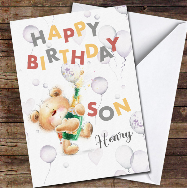 Son Cute Teddy Bear Holding Champagne Balloons Personalised Birthday Card