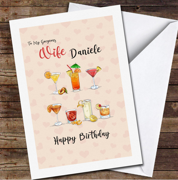 Wife Classics Cocktail Set Peach Hearts Orange Personalised Birthday Card