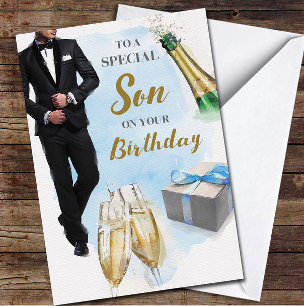 Son On Your Suit Champagne Gift Painted Smart Personalised Birthday Card