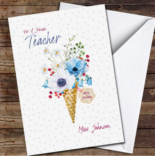 Teacher Birthday Wafer Cone With Flowers Card Personalised Birthday Card