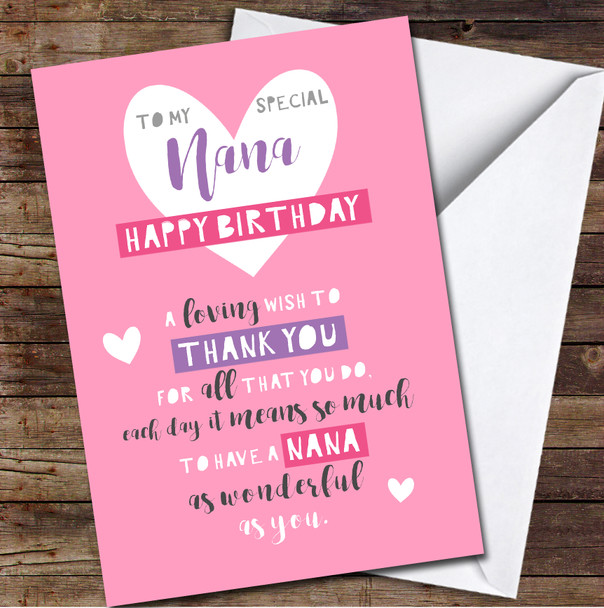 Nana Birthday Poem Thank You Text Pink Heart Personalised Birthday Card