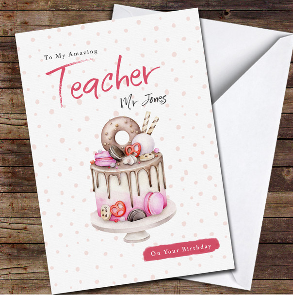 Teacher Birthday Watercolour Cake Card Personalised Birthday Card