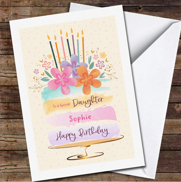 Special Daughter Birthday Cake Pastel Floral Candles Personalised Birthday Card