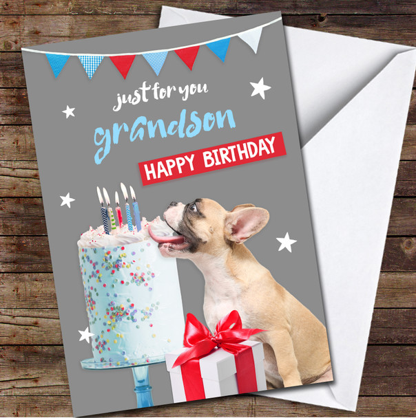 Grandson Birthday Dog Eating Cake Fun Playful Party Personalised Birthday Card