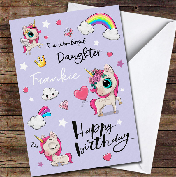 Daughter Lilac Cute Cartoon Unicorns Pink Rainbow Personalised Birthday Card