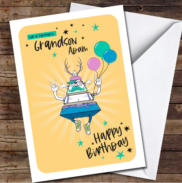 Fantastic Grandson Triangle Hipster With Balloons Personalised Birthday Card