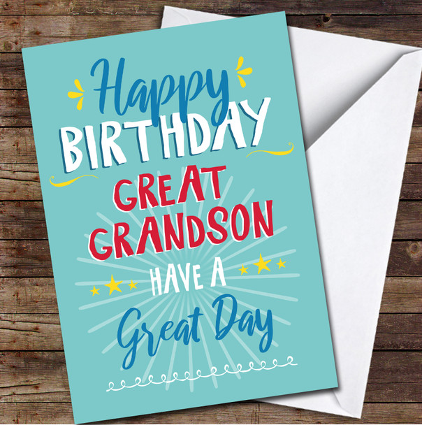 Great Grandson Happy Typography Text Bright Blue Personalised Birthday Card
