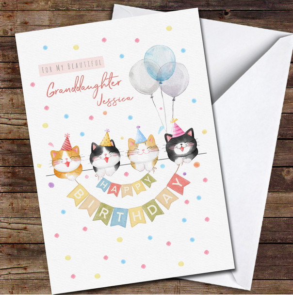 Granddaughter Watercolour Funny Cat Wearing Party Hats Birthday Card