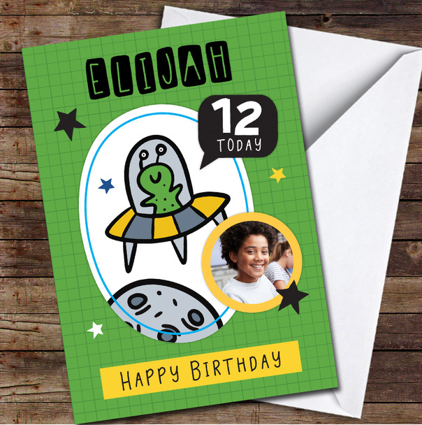 12th Boy Alien Photo Space Moon Green Yellow Stars Any Age Birthday Card