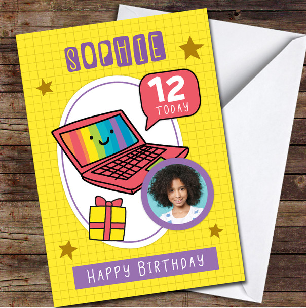 12th Girl Laptop Photo Computer Tech Online Yellow Any Age Birthday Card