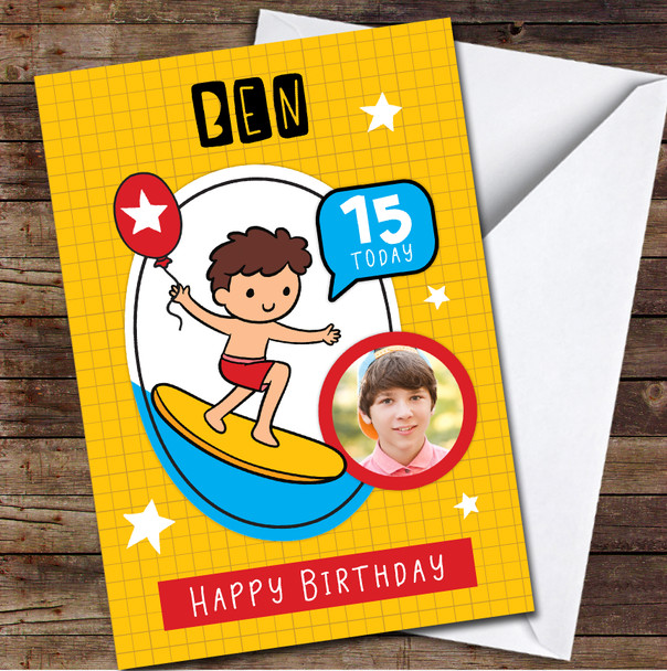 15th Boy Surfing Photo Yellow Orange Any Age Personalised Birthday Card