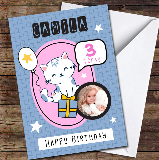 3rd Girl Cat Photo Kitty Cute Yellow Pink Purple Any Age Birthday Card