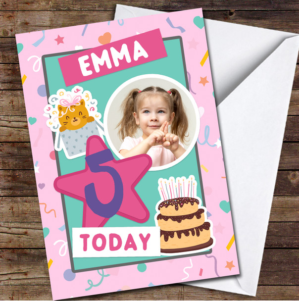 5th Girl Pattern Cake Cat Photo Any Age Personalised Birthday Card