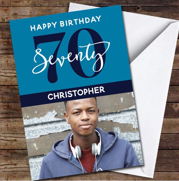 70th Seventy Photo Blue Any Age Personalised Birthday Card