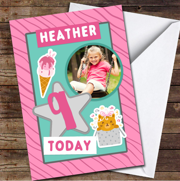 9th Girl Pattern Ice Cream Cat Photo Any Age Personalised Birthday Card