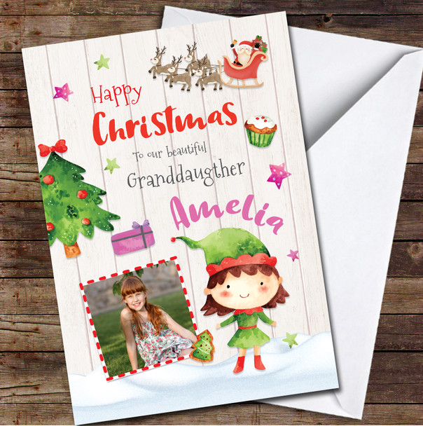 Granddaughter Elf Cute Santa Photo Any Text Personalised Christmas Card