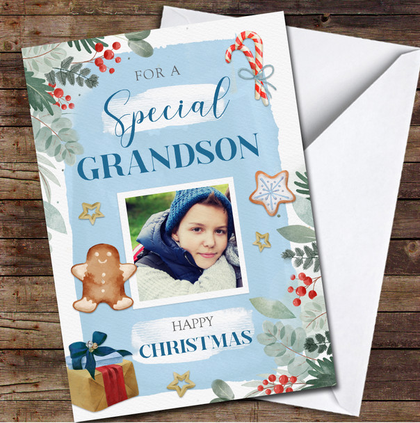 Grandson Candy Gingerbread Man Photo Gift Any Text Personalised Christmas Card