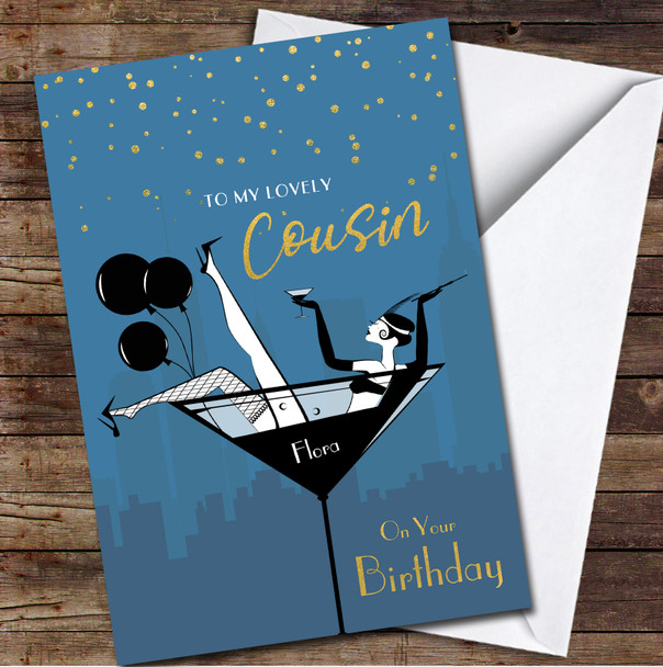 Cousin Retro Style Girl In The Glass Any Text Personalised Birthday Card