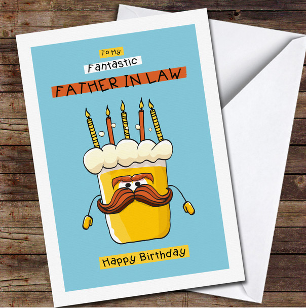 Father In Law Funny Beer With Moustaches And Candles Any Text Birthday Card