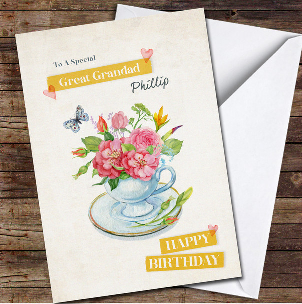 Great Grandad Bouquet Of Flowers In A Cup Any Text Personalised Birthday Card