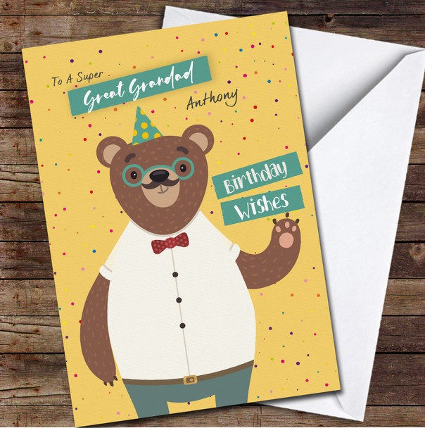 great Grandad Cute Bear Wearing Party Hat Any Text Personalised Birthday Card