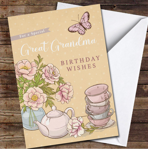 Great Grandma Teapot And Peonies Any Text Personalised Birthday Card