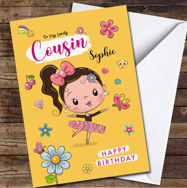 Cousin Dark Brown Hair Cute Little Ballerina Any Text Personalised Birthday Card