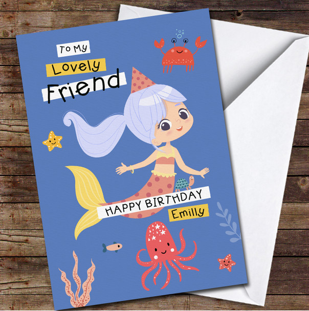 Friend Cute Mermaid With Party Hat Any Text Personalised Birthday Card