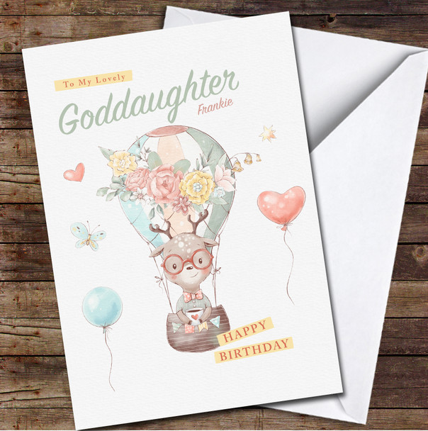 Goddaughter Cute Fawn In Glasses In A Hot Air Balloon Any Text Birthday Card