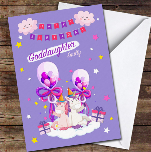 Goddaughter Cute Unicorns With Balloons And Presents Any Text Birthday Card