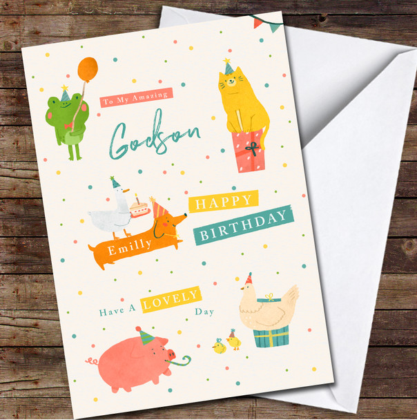 Godson Cute Party Animals Any Text Personalised Birthday Card