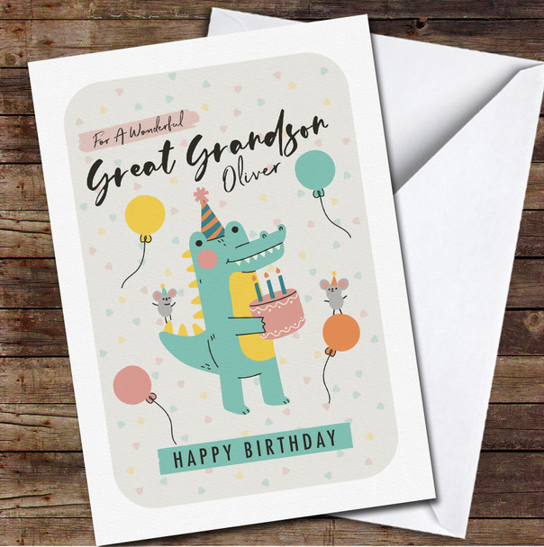 Great Grandson Cute Crocodile With Cake Any Text Personalised Birthday Card