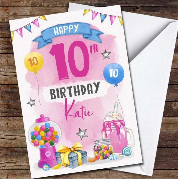10th Girl Female Sweets Candy Food Milkshake Any Age Personalised Birthday Card