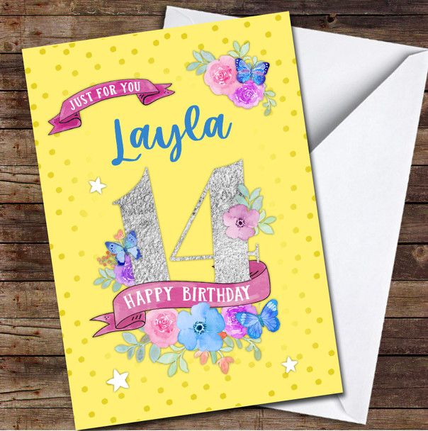 14th Girl Female Flowers Butterfly Yellow Any Age Personalised Birthday Card