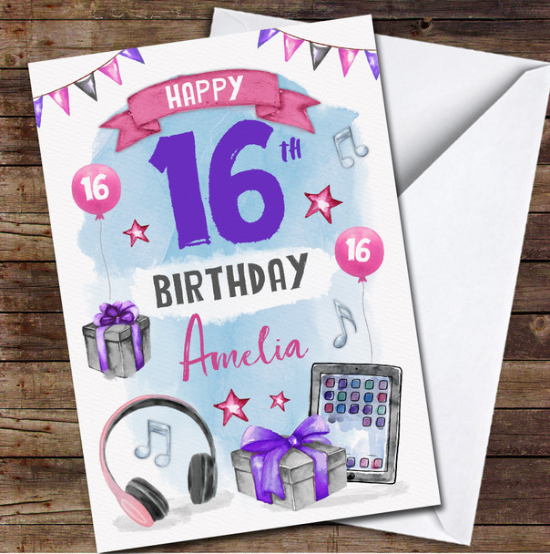 16th Girl Purple Music Headphones Online Pink Any Age Personalised Birthday Card
