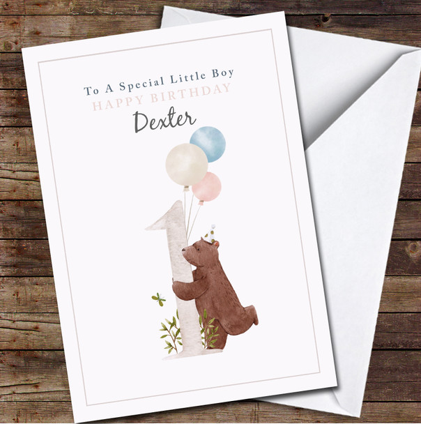 1st Baby Boy Watercolour Cute Bear Holding Number One Any Age Birthday Card