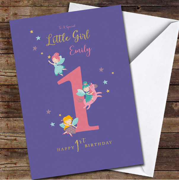 1st Baby Girl Fairies With Magic Wands Unicorn Purple Background Birthday Card