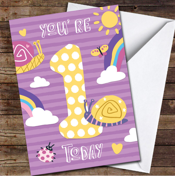1st You're 1 Today Girl Snail 1st First Any Age Personalised Birthday Card
