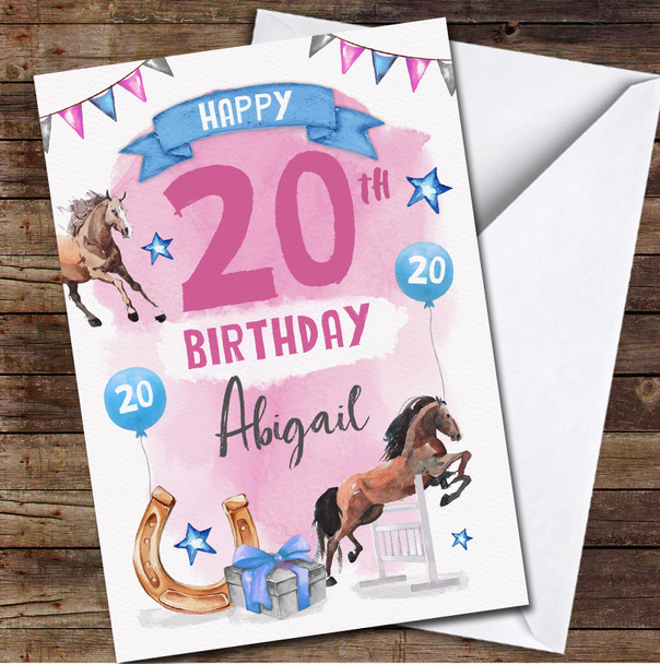 20th Girl Pink Horse Riding Animal Lover Any Age Personalised Birthday Card