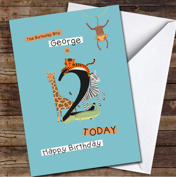 2nd Boy Cute Safari Animals Any Age Personalised Birthday Card