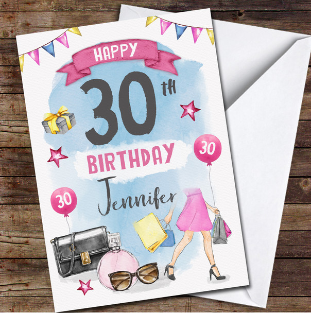 30th Girl Shopping Fashion Money Beauty Pink Any Age Personalised Birthday Card