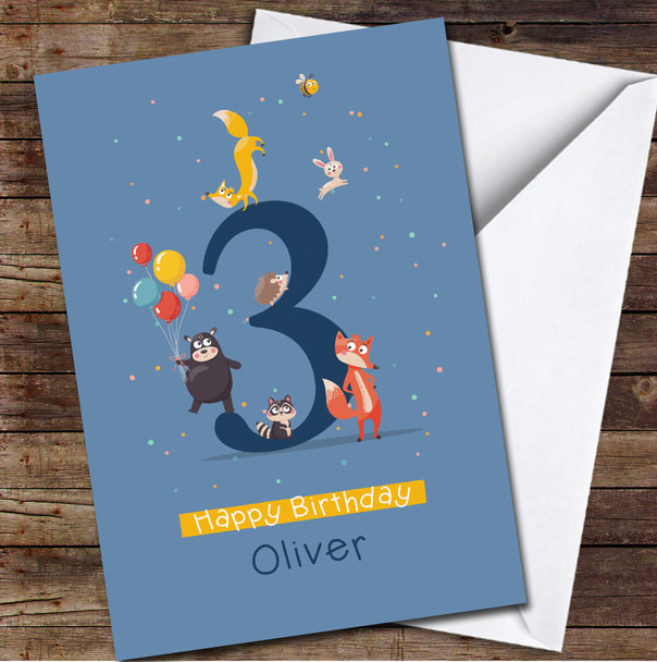 3rd Boy Funny Forest Animals With Number Three Any Age Birthday Card