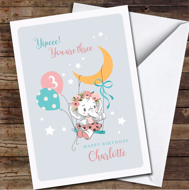 3rd Girl Cute Baby Elephant On A Swing Any Age Personalised Birthday Card