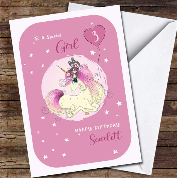 3rd Girl Cute Unicorn With Heart Balloon And Stars Any Age Birthday Card