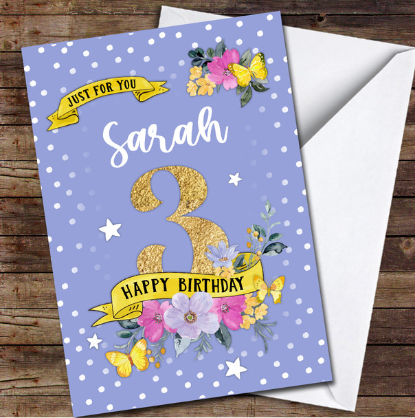 3rd Girl Female Flowers Butterfly Purple Any Age Personalised Birthday Card