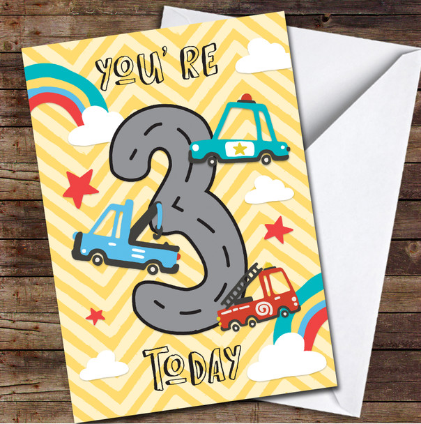 3rd You're 3 Today Boy Cars 3rd Any Age Personalised Birthday Card