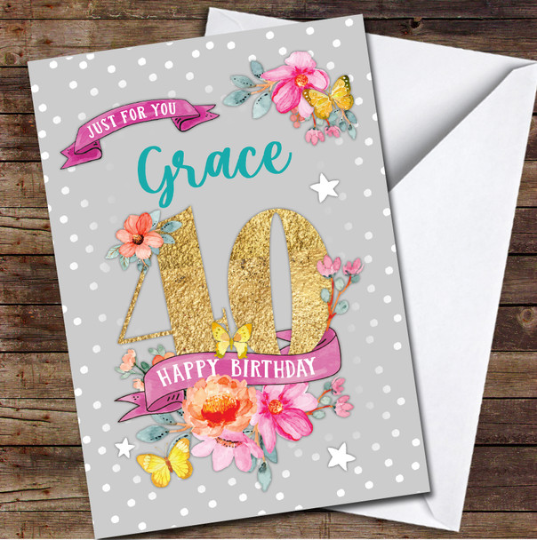 40th Female Flowers Butterfly Grey Pink Any Age Personalised Birthday Card