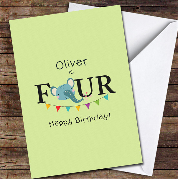 4th Boy Cute Elephant's Head In The Word Four Any Age Personalised Birthday Card