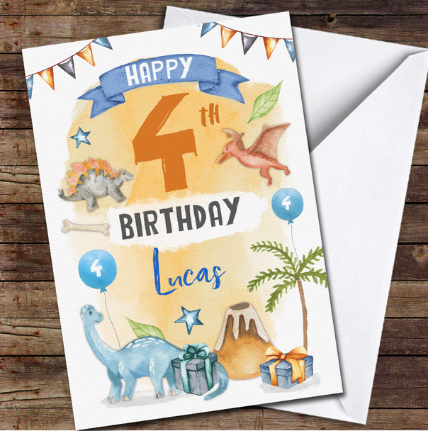 4th Boy Male Dinosaur Gift Any Age Personalised Birthday Card
