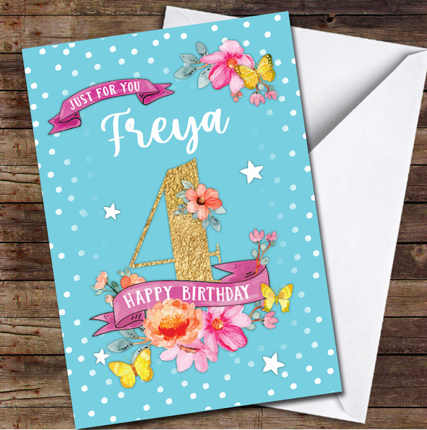 4th Girl Female Flowers Butterfly Turquoise Any Age Personalised Birthday Card